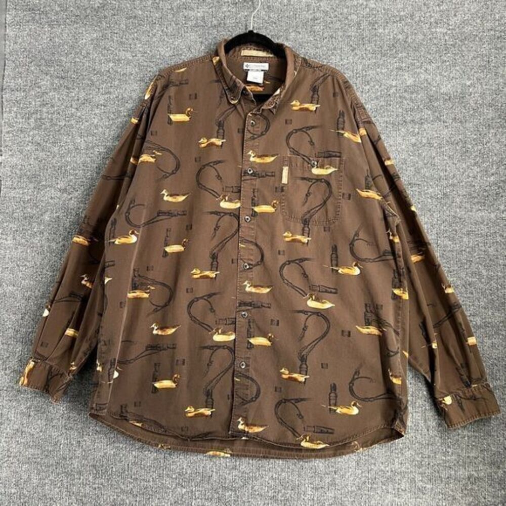 Columbia Mens Button Up Shirt Size 2XT Brown River Lodge Duck Print Hunting